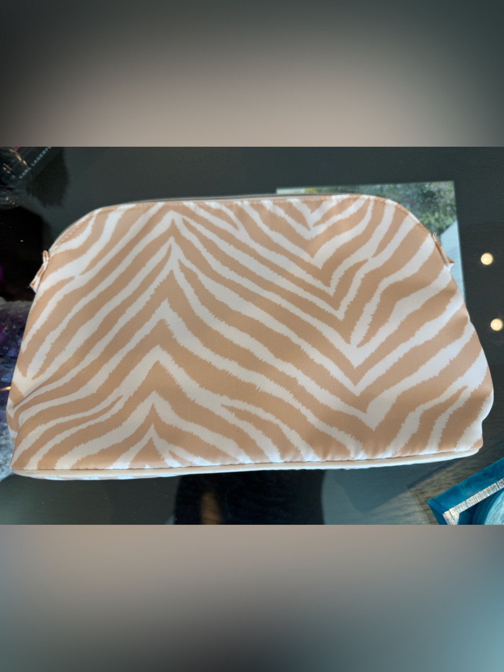 New TRVL Neutral Zebra Print Cosmetic Pouch - Beige and White